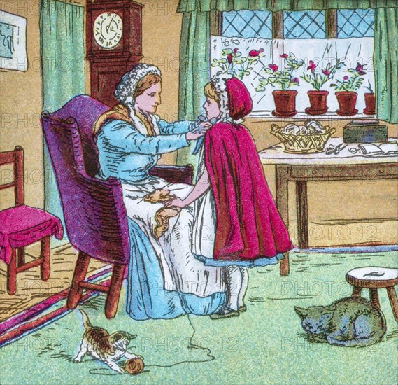 Coloured illustration in a child's storybook from the fairy tale Little Red Riding Hood