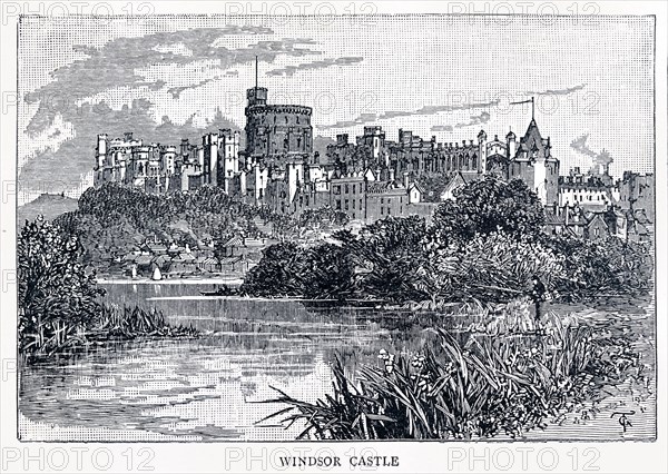 Black and white illustration of Windsor Castle and water in the foreground; Windsor