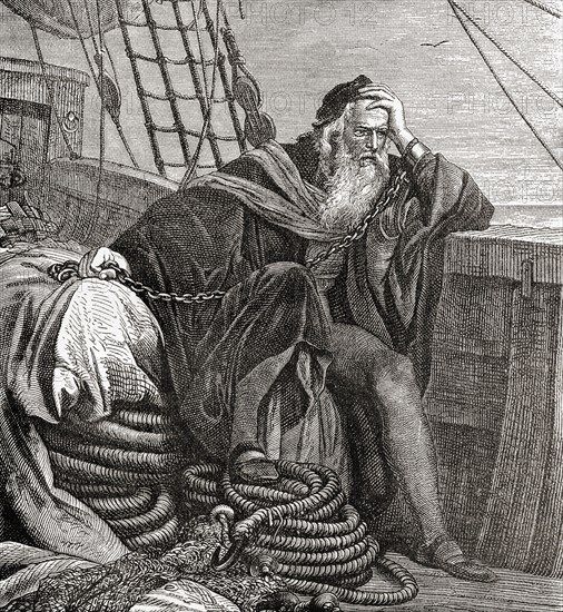 Christopher Columbus in chains on his way back to Spain after being arrested in Santo Domingo accused of tyranny and incompetence