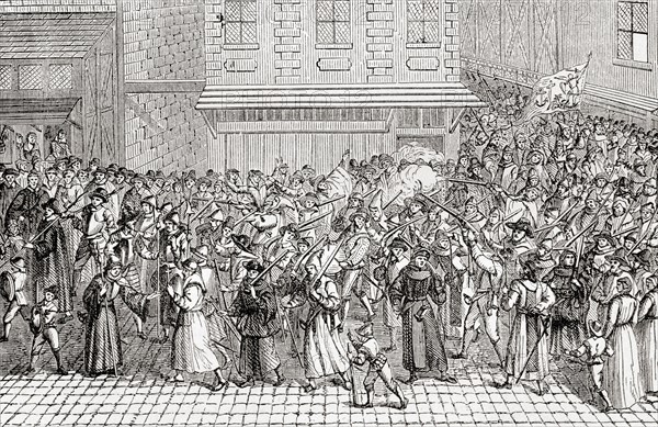 An armed procession of  The Catholic League of France aka Holy League