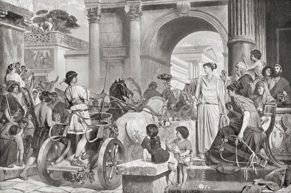 A victorious charioteer in ancient Rome accepting a laurel crown from a lady