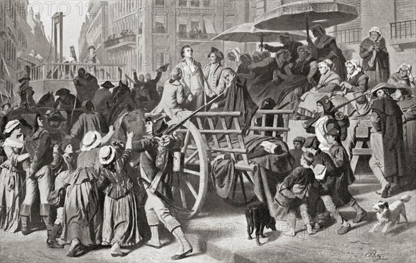 Girondists or Girondons being taken to the guillotine for execution during the French Revolution