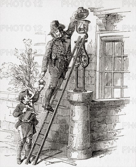 A 19th century lamplighter in London
