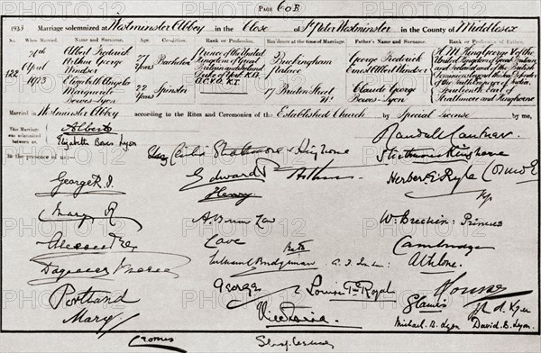 The marriage certificate of the Duke and Duchess of York
