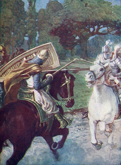 Bagdemagus broke his own spear against his enemy's armour.  From Knights of the Grail: Lohengrin