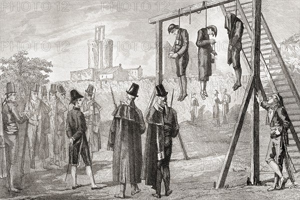 Executions in Spain in the 19th century.  From Historia de los Crimenes del Despotismo