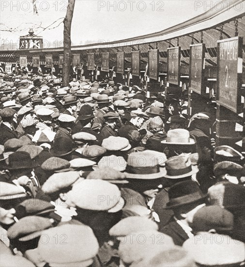 Crowds of people trying to get into Wembley Stadium for the first ever FA Cup Final in 1923 between Bolton Wanderers and West Ham United. A crowd of around 300