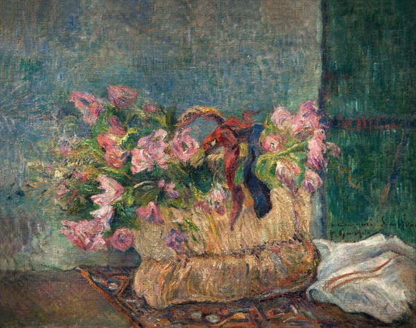 Still life with centifolia roses in a basket