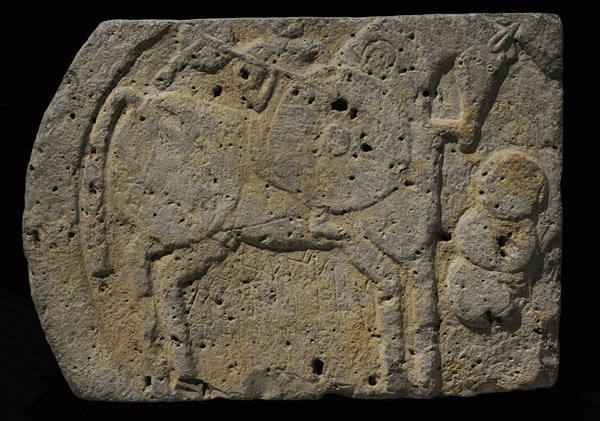 Celtiberian funerary stele of Clunia with inscription in Western Celtiberian writing depicting a rider, 1st century BC