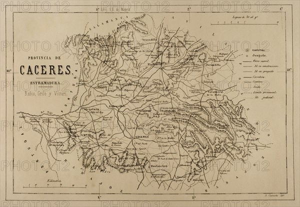 Map of the province of Caceres, Extremadura, Spain, Cronica General de España, Historia Ilustrada y Descriptiva de sus Provincias