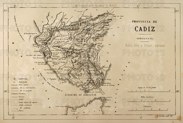 Map of the Cadiz province, Andalusia, Spain, Cronica General de España, Historia Ilustrada y Descriptiva de sus Provincias
