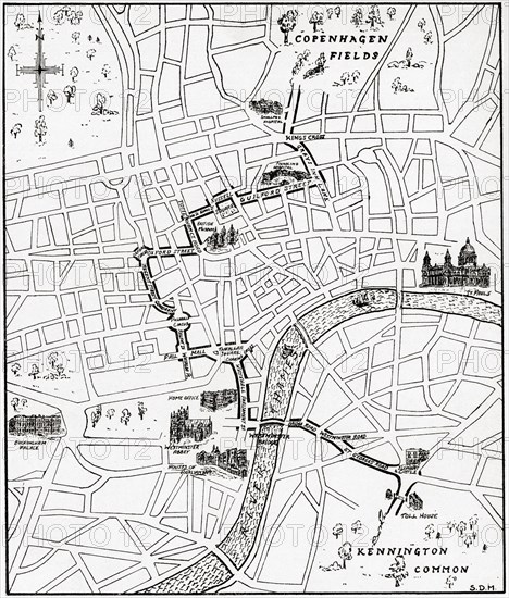 Map showing the route of the demonstration at Copenhagen Fields, London,,