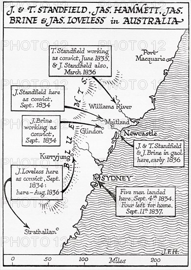 Map showing the placings in Australia of The Tolpuddle Martyrs