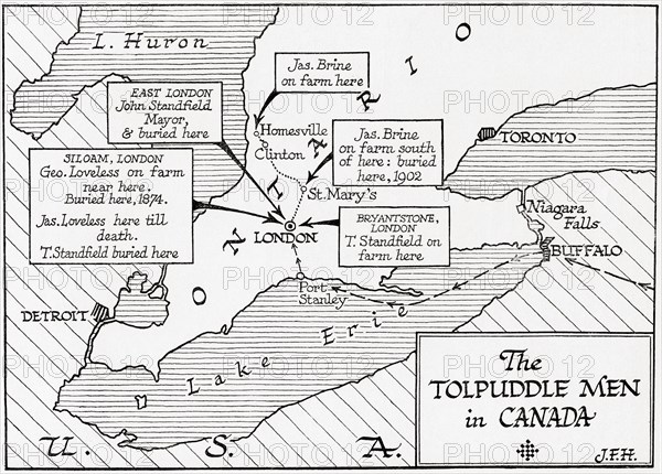 Map showing the placings in Canada of The Tolpuddle Martyrs