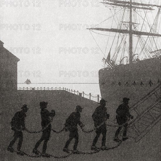 A group of chained prisoners boarding a prison ship