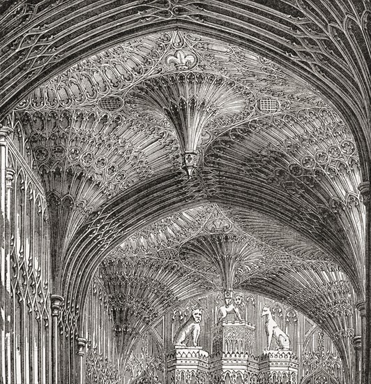 Detail of the pendant fan vault ceiling in the chapel of Henry VII, Westminster Abbey,,