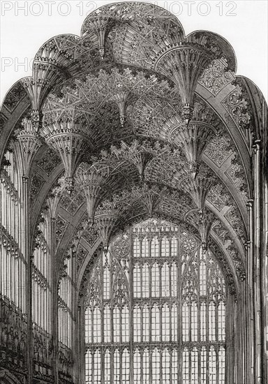 Detail of the pendant fan vault ceiling in the chapel of Henry VII, Westminster Abbey,,