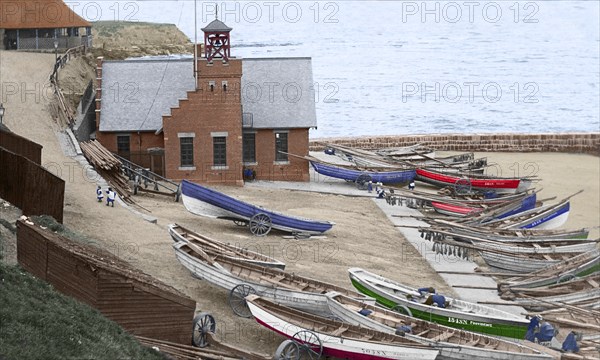 Negative circa 1900, Victorian era. Cullercoats Bay with coble fishing boats; Cullercoats, Tyne and Wear, England