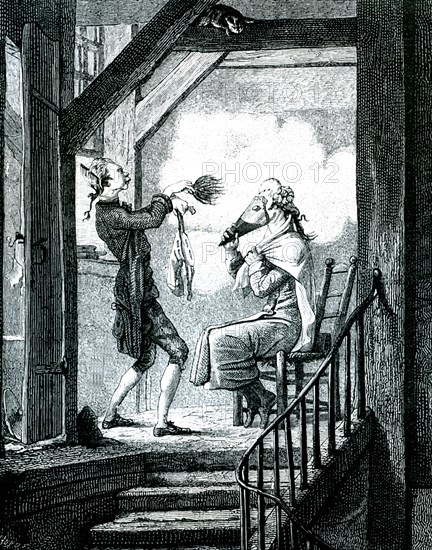 A wigmaker in 18th century,wigs were part of formal dress, symbol of high status the wigmakers customers were of high social standing in england & europe 1856 ( rm )