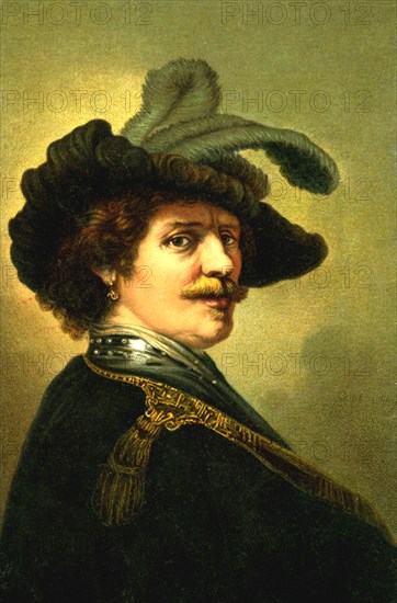 Rembrandt as soldier, ( painting fac-similé ). several paintings ofrembrandt in military costumes may simbolize dutch strength and patriotism 1859