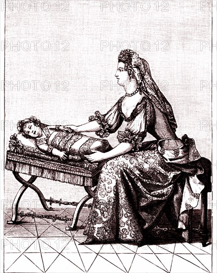 Nurse moving the cradle of duke of anjou, the nurse was always tied to the baby, with another servant company in case of accident or the nurse falling, 1869