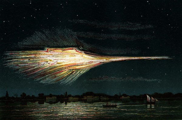 Bolide meteor fireball explosion at quenngouck, india on december 27th 1857according to a drawing by lieutenant ailesbury. ( book ' the sky ' by a. guillemin in paris in 1877 )