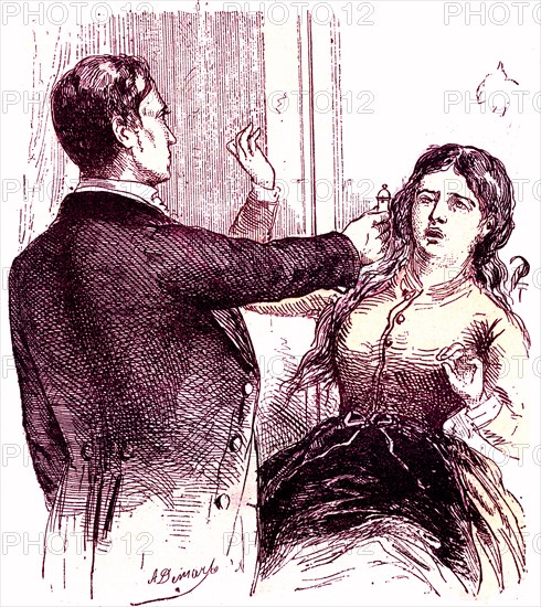 Hypnosis method, of dr braid. scottish surgeon, research on hypnosis born in fife,dead in manchester, 1795-1860. design by a. demarle from the book ' life and health ' by dr julius rengade, paris, 1881