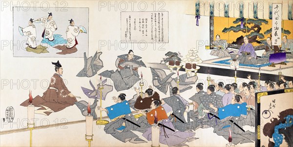 Council of men before the shogun on throne