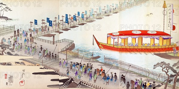 Royal barge arrives at a pontoon bridge nd the wharf to columns of samurai.