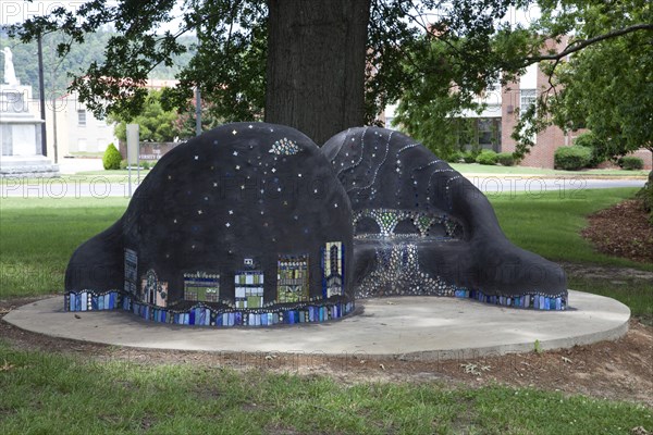 Seats with mosaic of buildings of Gadsden, Alabama