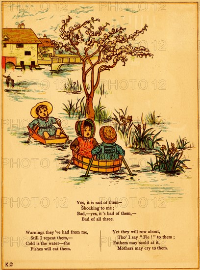 Children rowing in stream in wooden tubs