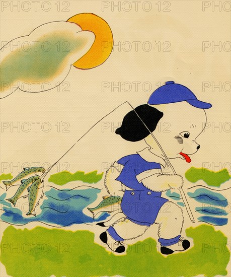 Anthropomorphic, dog has a reel of fish