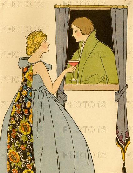 Princess serves a goblet of wine to a young lad at the window