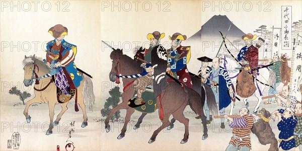 Samurai horsemen & archers ride horses with a backdrop of Mt. Fuji