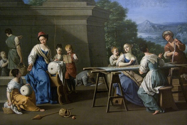 Women embroidering with Children
