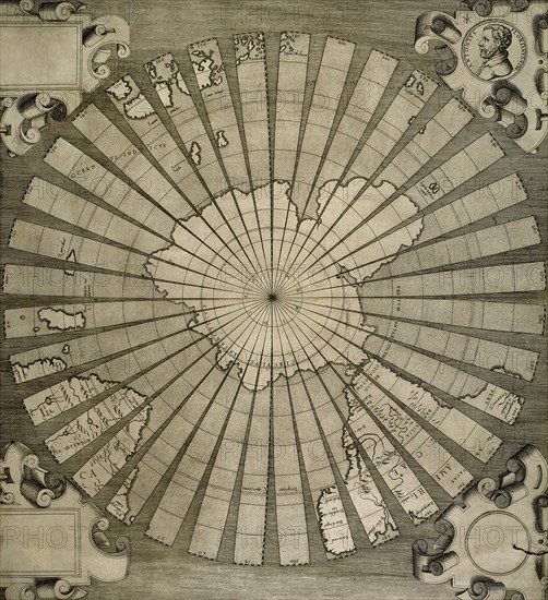 World map. South Pole. Map by Antonius Florianus. Engraving by 16th century.