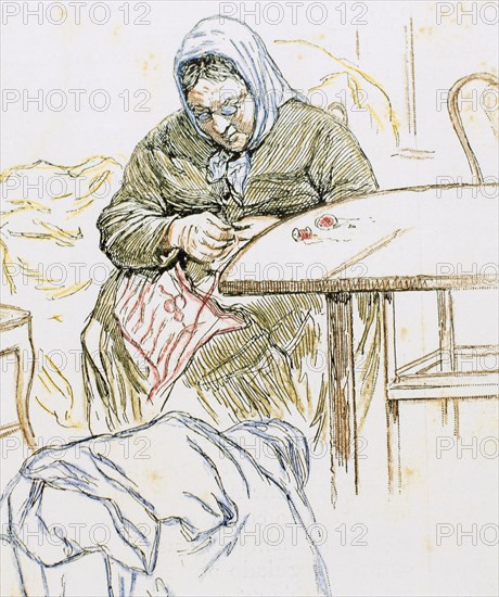 An old woman sewing.