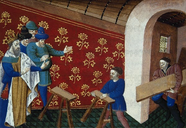 The King Arthur ordering the banquet preparation for Knights of the Round Table. Roman the Tristan. 15th century. French.