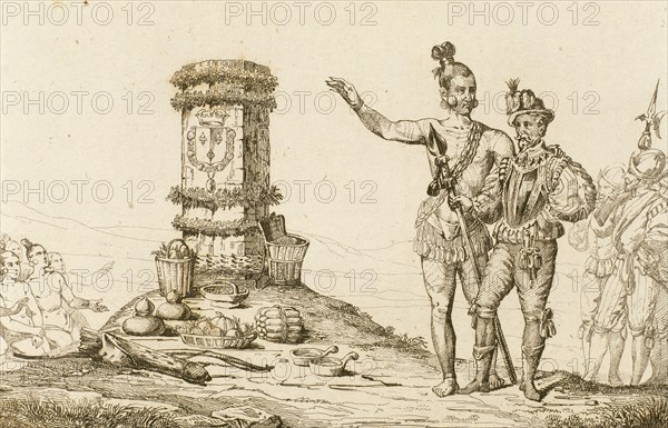 Rene Goulaine de Laudonniere and the Indian Chief Athore visit the Jean Ribault's column.