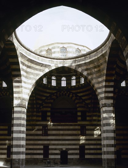 Syria. Damascus. Khan As'ad Pasha, old caravanserai built 1751. Ottoman style. Interior. Near  East. Photo before Syrian civil war