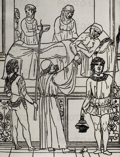 Black Death. Doctor visiting a patient. Fascilulus Medicinae by Johannes de Ketham (D.C. 1490).