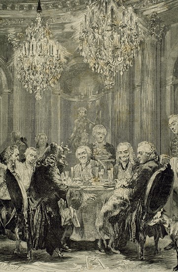 Frederick II The Great (1712-1786). King of Prusian. Meeting in Sans-Souci. Engraving by A. Vogel.