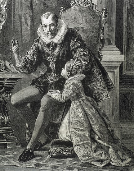 Philip II of Spain (1527-1598). House of Habsburg. King with his son. Engraving. 19th century.