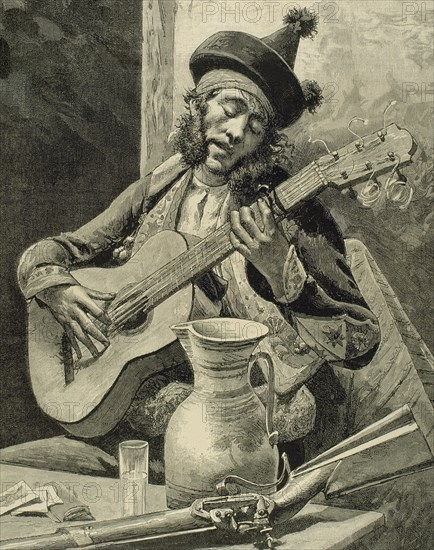 Spain.18th century. Flamenco. Toque. Guitar playing. Andalusia. Engraving.