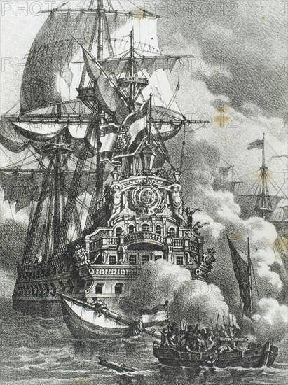 The Brethren or Brethren of the Coast attacking three Spanish galleons.