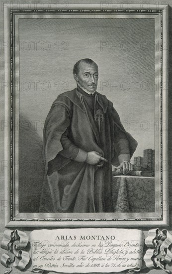 Benito Arias Montano (1527-1598). Spanish orientalist and editor of the Antwerp Polyglot. Engraving. Portrait.