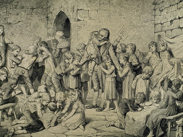 Pedagogue Johann Heinrich Pestalozzi (1746-1827) among the orphans of nidwalden. Engraving