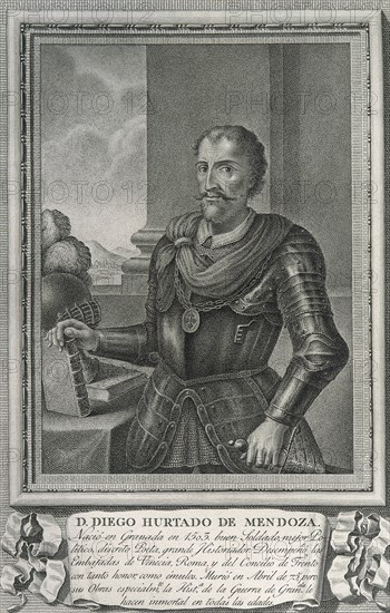 Diego Hurtado de Mendoza y Pacheco (1503 – 1575). Spanish writer, diplomat, historian, and governor of Granada. Engraving.