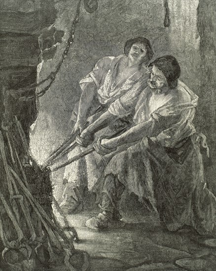 Interior of the forge. Engraving. 19th century.