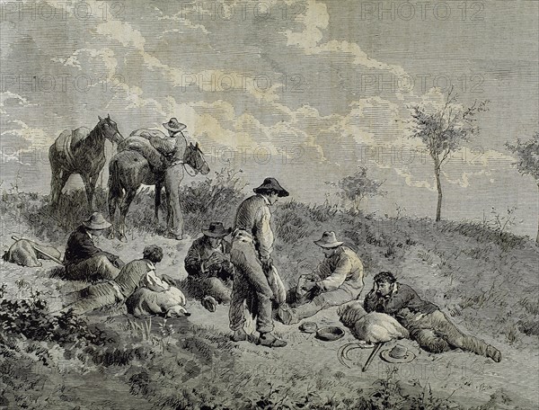 Mowing. Pause. Laborers eating. Engraving. 19th century. Spain.